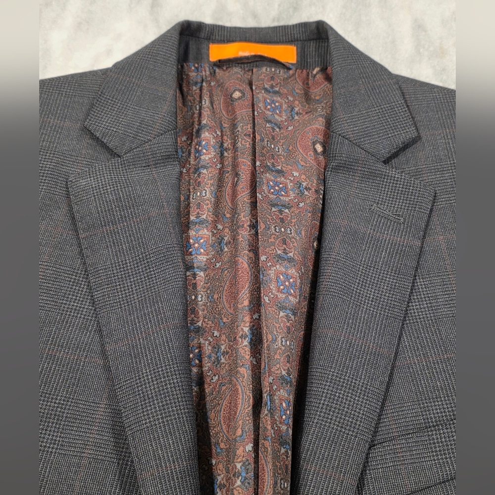 38R Men's TALLIA Blazer Gray Tartan 2 Button 100% Wool Sport Coat - Picture 4 of 8